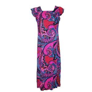 Vintage Sun Fashions Hawaii Floral Maxi Dress 12 Shift Flutter Sleeves Pink